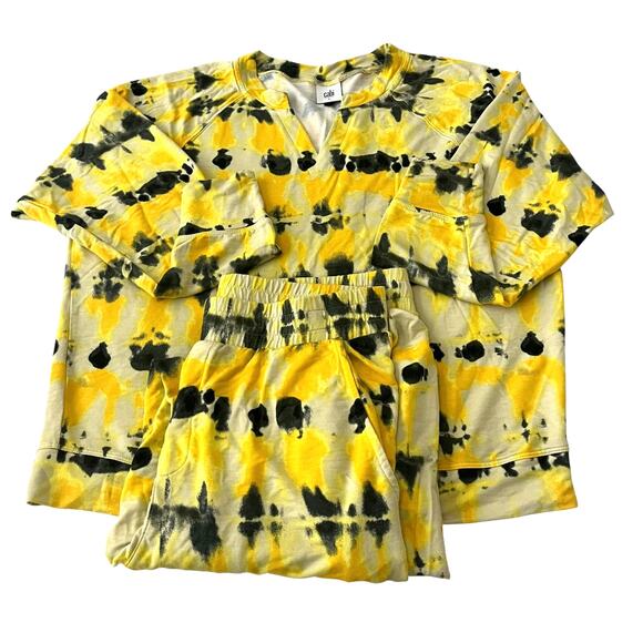 CABI 2-PC PAJAMA SET-LOUNGER, LONG SLV, WOMENS, TOP-L, BOTTOMS-M, YELLOW/DK GREY - Picture 1 of 12